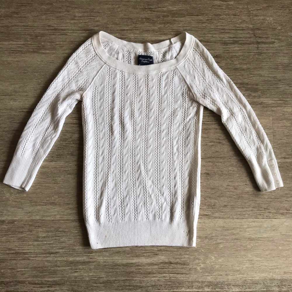AE white, cable knit sweater